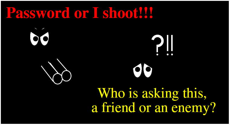 The spy's dilemma. In a dark night a spy was returning to the castle after a diversion in the enemy's camp. Near the wall, he heard a voice from the darkness. <br> How does a spy convince a *guard* that he knows the password without betraying it to a potential intruder or eavesdropper hiding nearby?