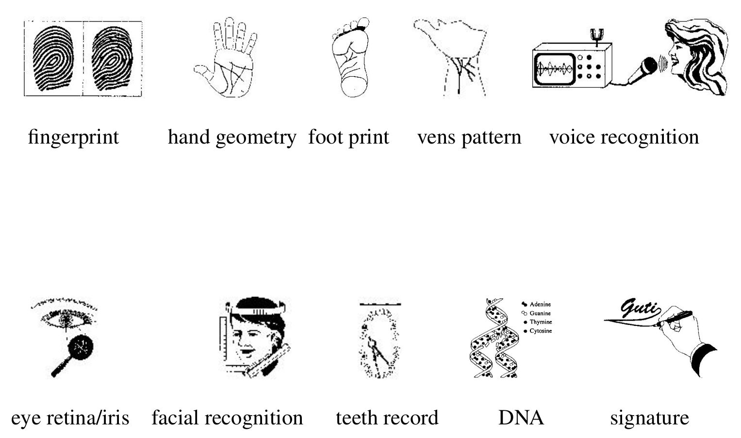 Biometric tests. It should be noted that there is no ideal test. Fingerprints e.g. we leave on various objects we touch. If we are in water or cold for a long time, the fingerprint changes a bit. The problem also arises if we injure our finger. Can you imagine having to take a bite at an ATM? Does anyone remember the actual verification of the signature, it should be done only by a trained graphologist.